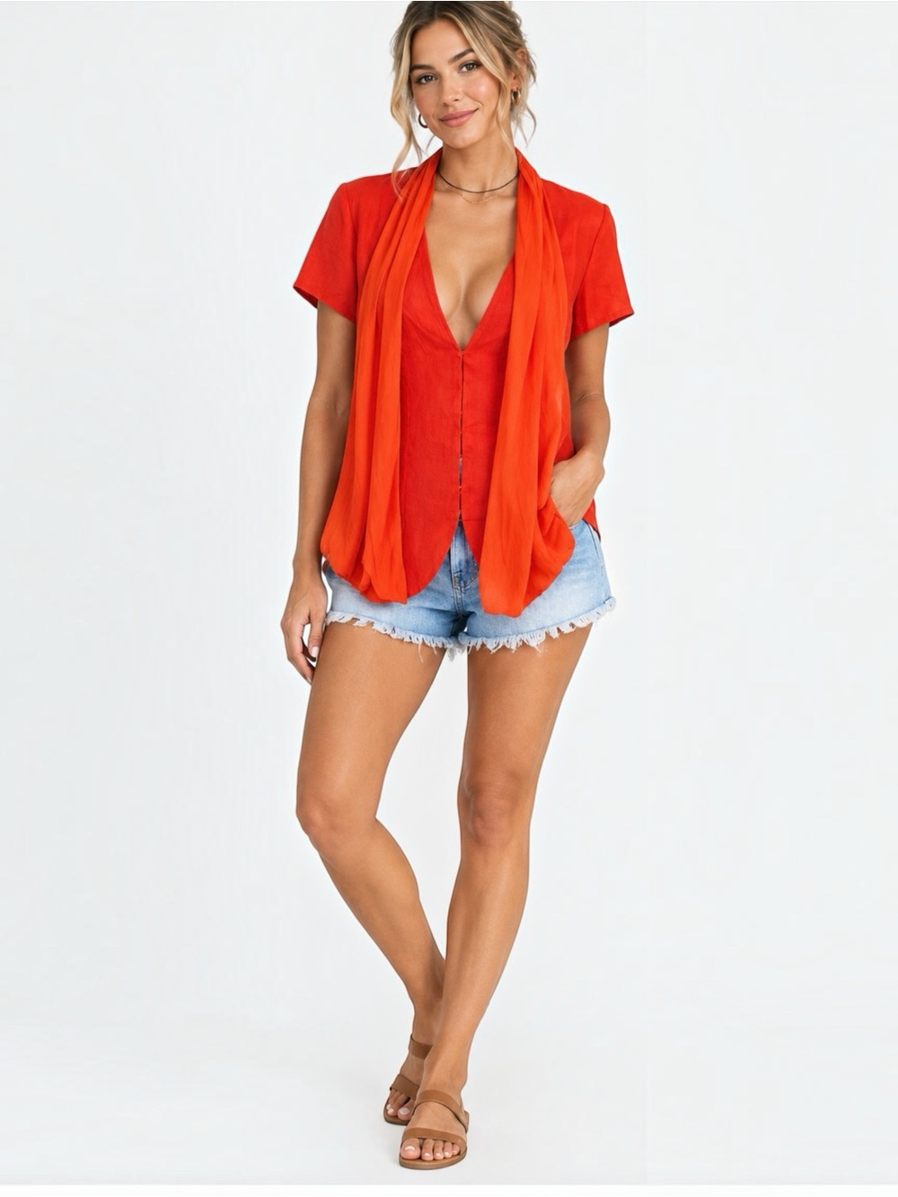 Line & Dot NWT Top Linen & Silk Trim Size Medium Lipstick Orange
